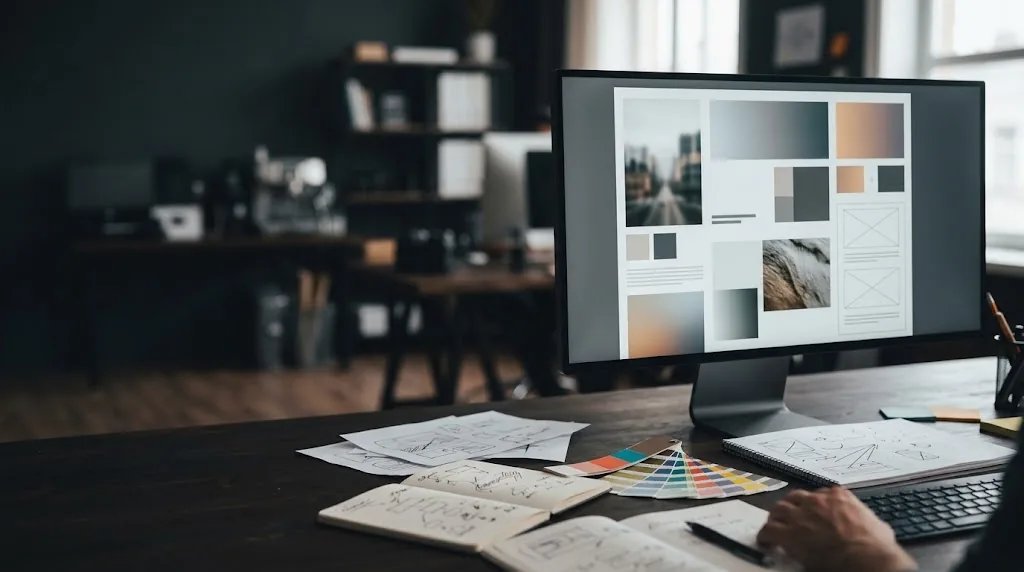 Mesa de diseñador con bocetos y un monitor con un nuevo diseño web